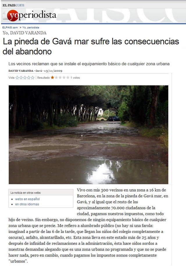 Fotodenuncia publicada en la web del diario EL PAS sobre el estado lamentable de las calles del lado montaa de Gav Mar (13 de Noviembre de 2009)